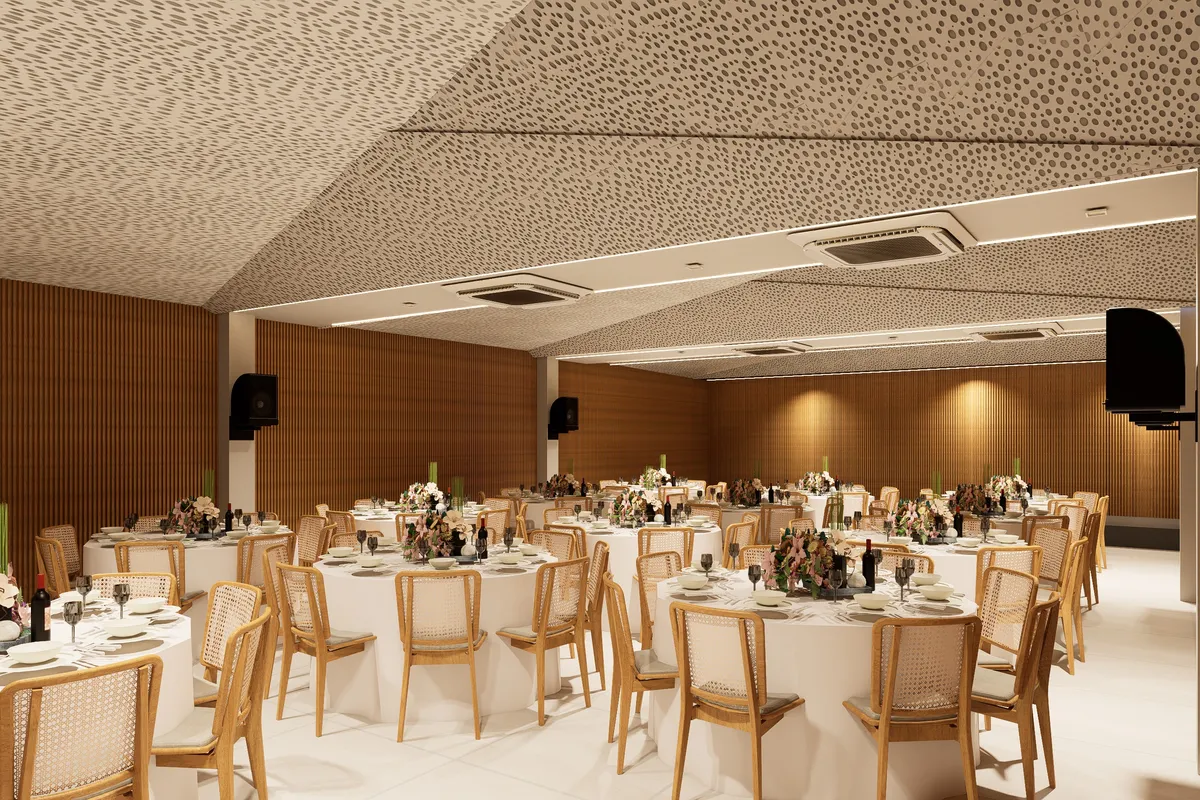 Salão de banquete com mesas redondas — Ágape